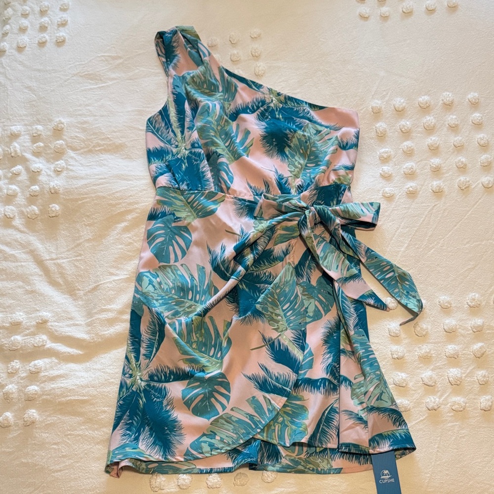 Cupshe One Shoulder Tropical Print Dress - Pink and Green